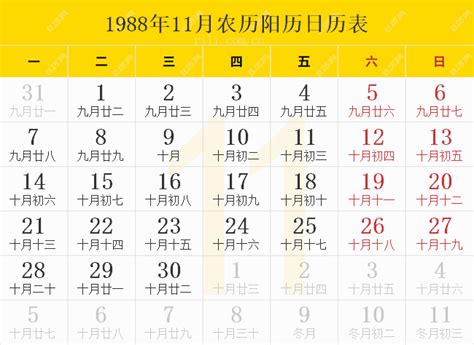 1988年11月|1988年日历表,1988年农历表（阴历阳历节日对照。